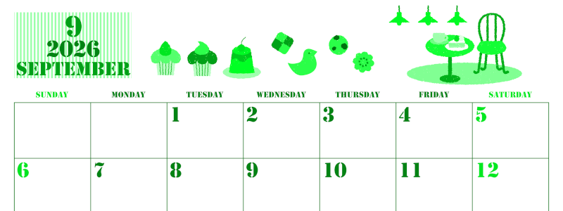 2026年9月横型日曜始まり 食欲の秋イラストのかわいいA4無料グリーンのカレンダー(2026-00910900)