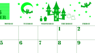 2026年10月横型日曜始まり ハロウィンイラストがかわいいA4無料グリーンのカレンダー(2026-00911000)
