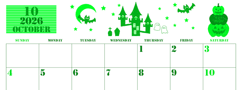 2026年10月横型日曜始まり ハロウィンイラストがかわいいA4無料グリーンのカレンダー(2026-00911000)