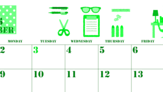 2026年11月横型日曜始まり 文房具イラストのかわいいA4無料グリーンのカレンダー(2026-00911100)