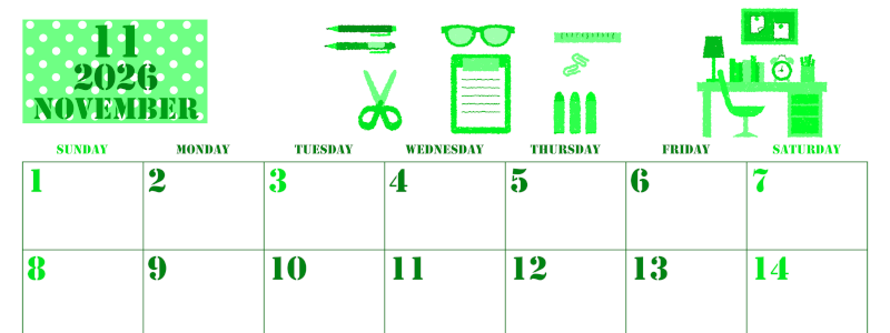 2026年11月横型日曜始まり 文房具イラストのかわいいA4無料グリーンのカレンダー(2026-00911100)