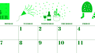 2026年12月横型日曜始まり パーティーのイラストがかわいいA4無料グリーンのカレンダー(2026-00911200)