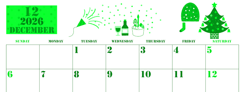 2026年12月横型日曜始まり パーティーのイラストがかわいいA4無料グリーンのカレンダー(2026-00911200)