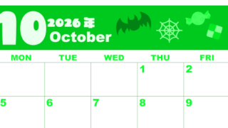2026年10月横型日曜始まり お菓子イラストのかわいいA4無料グリーンのカレンダー(2026-00921000)