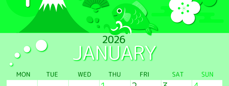 2026年1月縦型月曜始まり 和風な新春イラストのかわいいA4無料グリーンのカレンダー(2026-00930111)