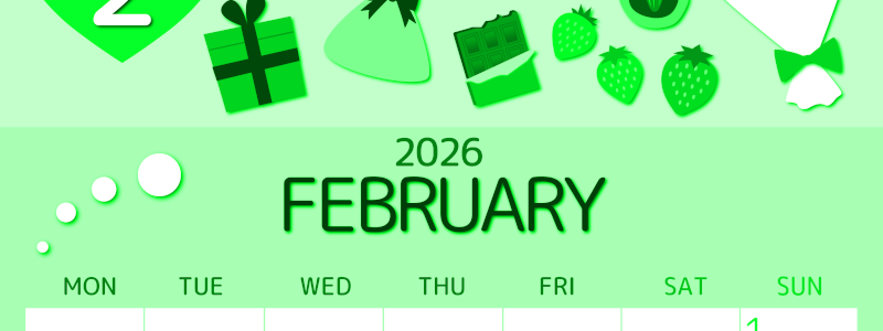 2026年2月縦型月曜始まり プレゼントがかわいいイラストA4無料グリーンのカレンダー(2026-00930211)