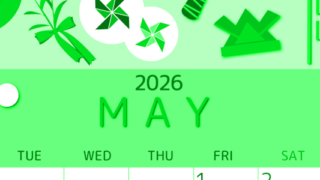 2026年5月縦型月曜始まり イベントイラストのかわいいA4無料グリーンのカレンダー(2026-00930511)