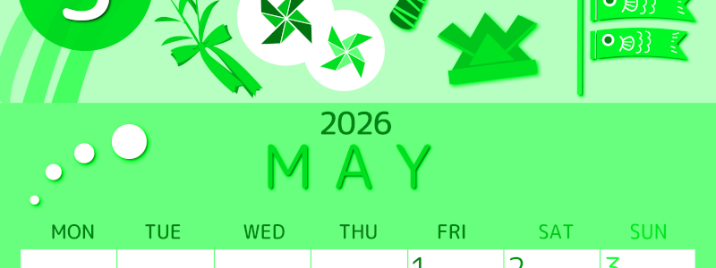2026年5月縦型月曜始まり イベントイラストのかわいいA4無料グリーンのカレンダー(2026-00930511)