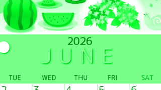 2026年6月縦型月曜始まり すいかイラストのかわいいA4無料グリーンのカレンダー(2026-00930611)