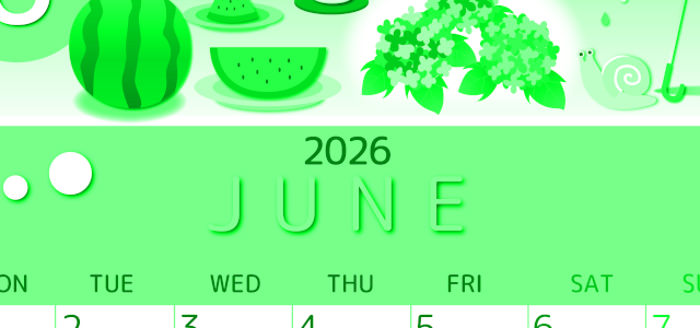 2026年6月縦型月曜始まり すいかイラストのかわいいA4無料グリーンのカレンダー(2026-00930611)