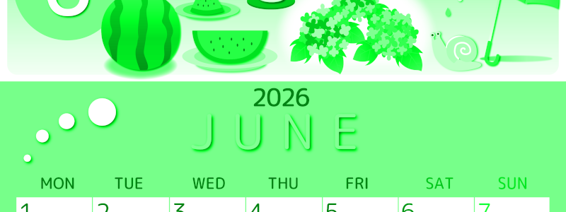 2026年6月縦型月曜始まり すいかイラストのかわいいA4無料グリーンのカレンダー(2026-00930611)