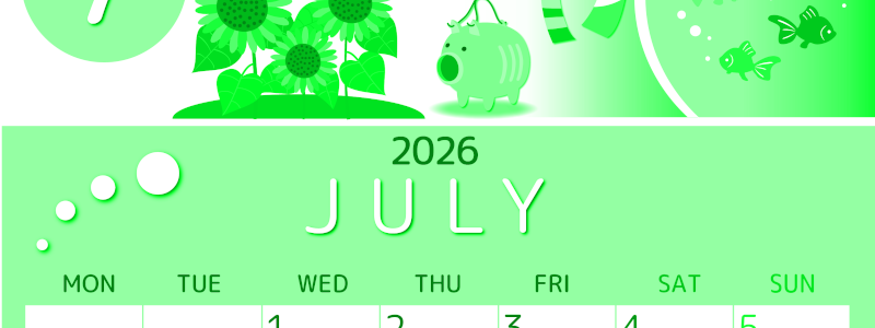 2026年7月縦型月曜始まり 蚊取り線香イラストのかわいいA4無料グリーンのカレンダー(2026-00930711)