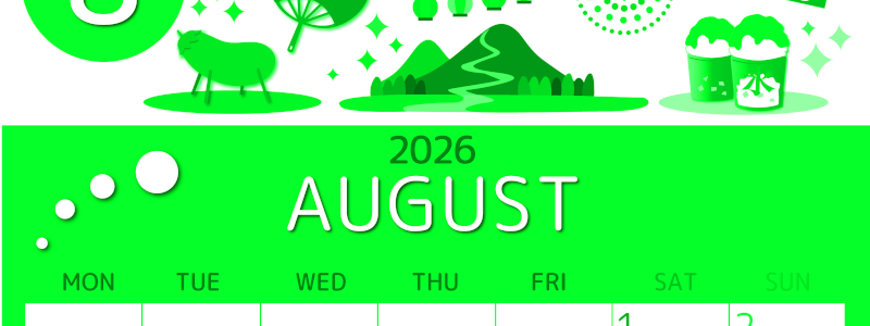 2026年8月縦型月曜始まり 夏祭りイラストのかわいいA4無料グリーンのカレンダー(2026-00930811)