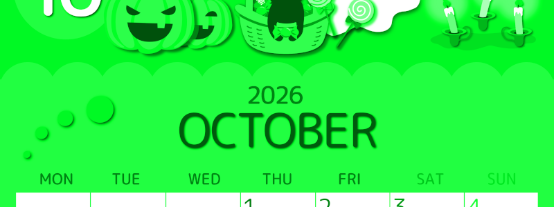 2026年10月縦型月曜始まり 行事イラストのかわいいA4無料グリーンのカレンダー(2026-00931011)