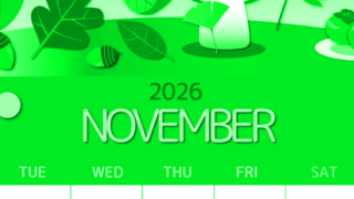 2026年11月縦型月曜始まり きのこイラストのかわいいA4無料グリーンのカレンダー(2026-00931111)