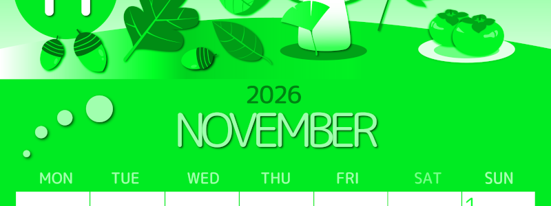 2026年11月縦型月曜始まり きのこイラストのかわいいA4無料グリーンのカレンダー(2026-00931111)