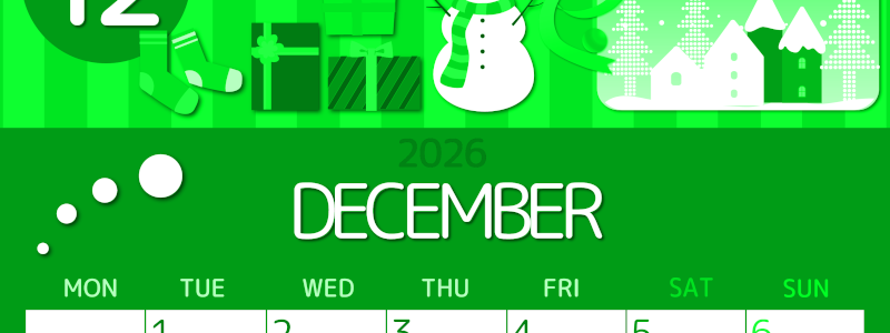 2026年12月縦型月曜始まり 雪だるまイラストのかわいいA4無料グリーンのカレンダー(2026-00931211)