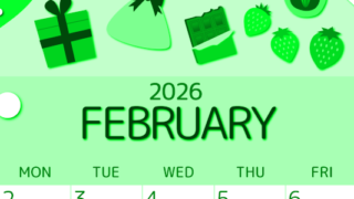2026年2月縦型日曜始まり プレゼントがかわいいイラストA4無料グリーンのカレンダー(2026-00930210)