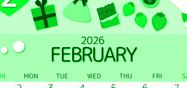 2026年2月縦型日曜始まり プレゼントがかわいいイラストA4無料グリーンのカレンダー(2026-00930210)