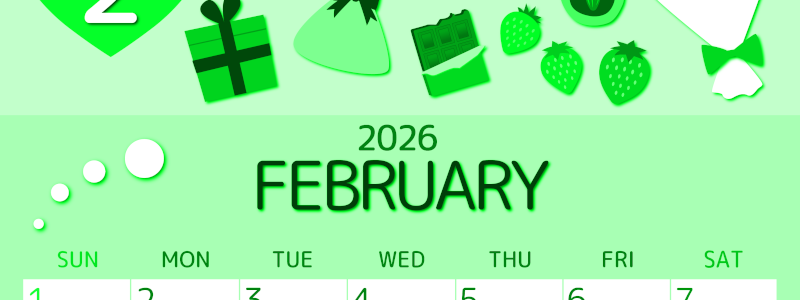 2026年2月縦型日曜始まり プレゼントがかわいいイラストA4無料グリーンのカレンダー(2026-00930210)