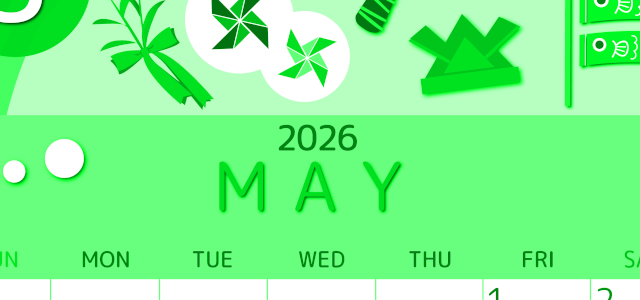2026年5月縦型日曜始まり イベントイラストのかわいいA4無料グリーンのカレンダー(2026-00930510)