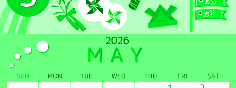 2026年5月縦型日曜始まり イベントイラストのかわいいA4無料グリーンのカレンダー(2026-00930510)