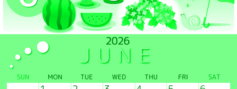 2026年6月縦型日曜始まり すいかイラストのかわいいA4無料グリーンのカレンダー(2026-00930610)