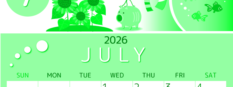 2026年7月縦型日曜始まり 蚊取り線香イラストのかわいいA4無料グリーンのカレンダー(2026-00930710)