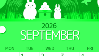 2026年9月縦型日曜始まり 十五夜イラストのかわいいA4無料グリーンのカレンダー(2026-00930910)
