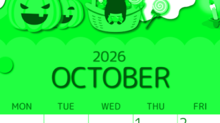 2026年10月縦型日曜始まり 行事イラストのかわいいA4無料グリーンのカレンダー(2026-00931010)