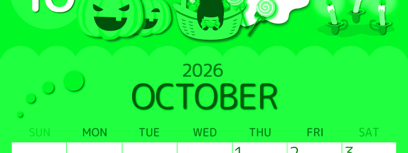 2026年10月縦型日曜始まり 行事イラストのかわいいA4無料グリーンのカレンダー(2026-00931010)