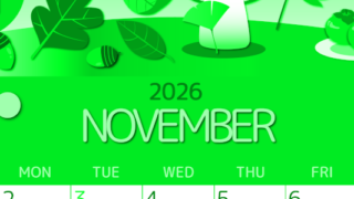 2026年11月縦型日曜始まり きのこイラストのかわいいA4無料グリーンのカレンダー(2026-00931110)