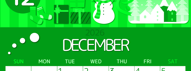 2026年12月縦型日曜始まり 雪だるまイラストのかわいいA4無料グリーンのカレンダー(2026-00931210)