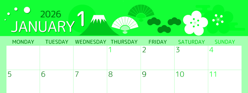 2026年1月横型月曜始まり 和風な元旦イラストのかわいいA4無料グリーンのカレンダー(2026-00930101)