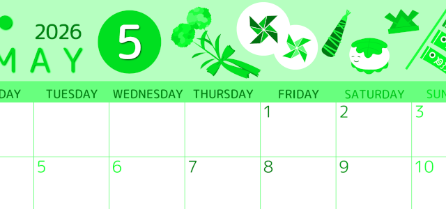 2026年5月横型月曜始まり イベントイラストのかわいいA4無料グリーンのカレンダー(2026-00930501)