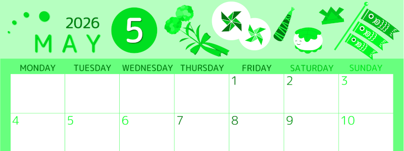 2026年5月横型月曜始まり イベントイラストのかわいいA4無料グリーンのカレンダー(2026-00930501)