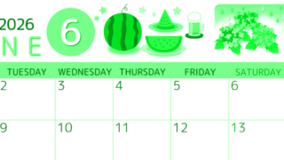 2026年6月横型月曜始まり すいかイラストのかわいいA4無料グリーンのカレンダー(2026-00930601)