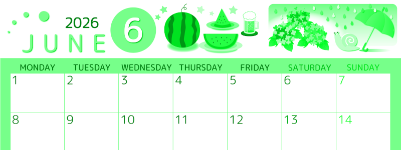 2026年6月横型月曜始まり すいかイラストのかわいいA4無料グリーンのカレンダー(2026-00930601)