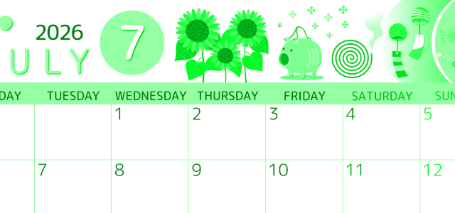 2026年7月横型月曜始まり 蚊取り線香イラストのかわいいA4無料グリーンのカレンダー(2026-00930701)