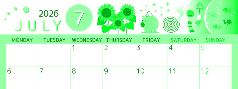 2026年7月横型月曜始まり 蚊取り線香イラストのかわいいA4無料グリーンのカレンダー(2026-00930701)