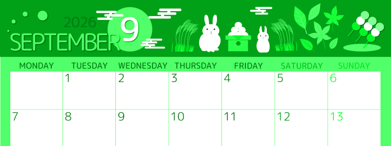 2026年9月横型月曜始まり 十五夜イラストのかわいいA4無料グリーンのカレンダー(2026-00930901)