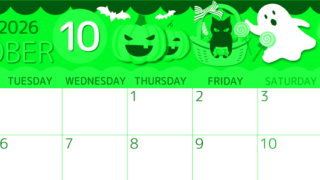 2026年10月横型月曜始まり 行事イラストのかわいいA4無料グリーンのカレンダー(2026-00931001)