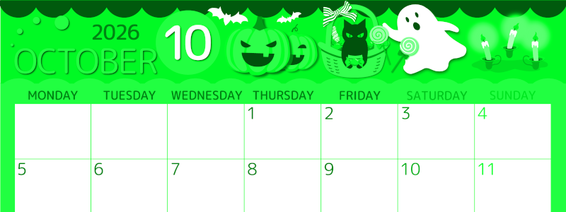 2026年10月横型月曜始まり 行事イラストのかわいいA4無料グリーンのカレンダー(2026-00931001)