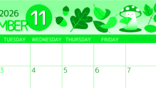 2026年11月横型月曜始まり きのこイラストのかわいいA4無料グリーンのカレンダー(2026-00931101)