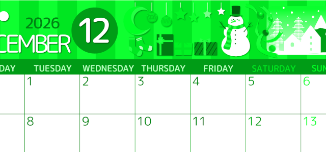 2026年12月横型月曜始まり 雪だるまイラストのかわいいA4無料グリーンのカレンダー(2026-00931201)