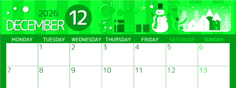 2026年12月横型月曜始まり 雪だるまイラストのかわいいA4無料グリーンのカレンダー(2026-00931201)