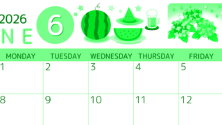 2026年6月横型日曜始まり すいかイラストのかわいいA4無料グリーンのカレンダー(2026-00930600)