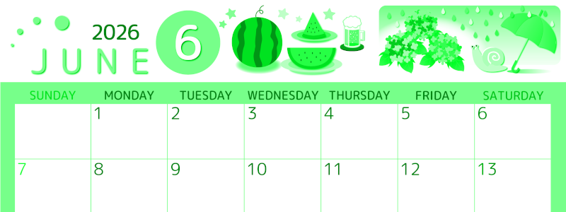 2026年6月横型日曜始まり すいかイラストのかわいいA4無料グリーンのカレンダー(2026-00930600)