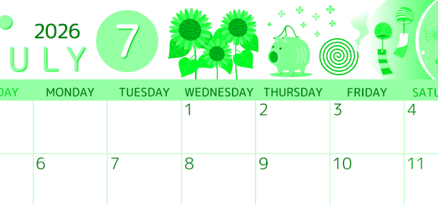 2026年7月横型日曜始まり 蚊取り線香イラストのかわいいA4無料グリーンのカレンダー(2026-00930700)