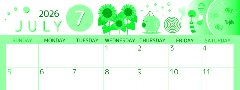 2026年7月横型日曜始まり 蚊取り線香イラストのかわいいA4無料グリーンのカレンダー(2026-00930700)